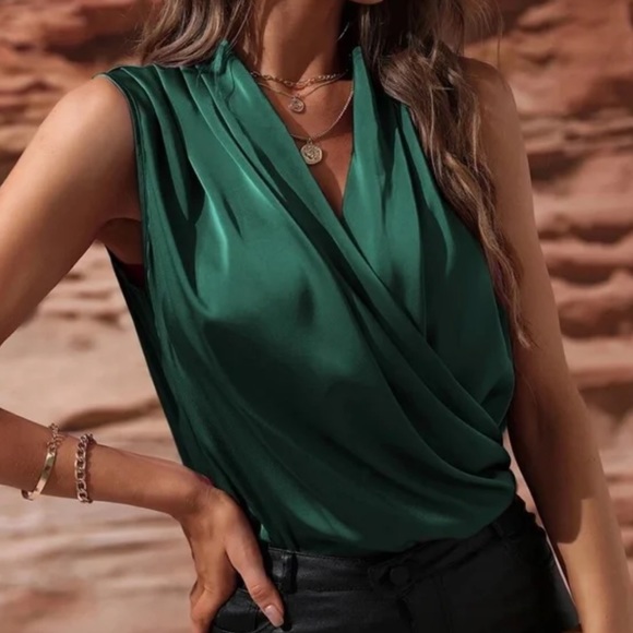 Luxe Satin Overlap Sleeveless Work Office Top Burgundy - Picture 5 of 12